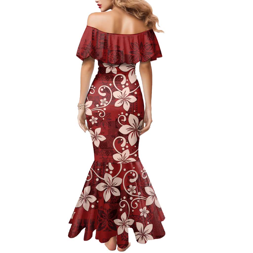 Plumeria Floral Tapa Pattern Oxblood Red Mermaid Dress LT01 - Polynesian Pride