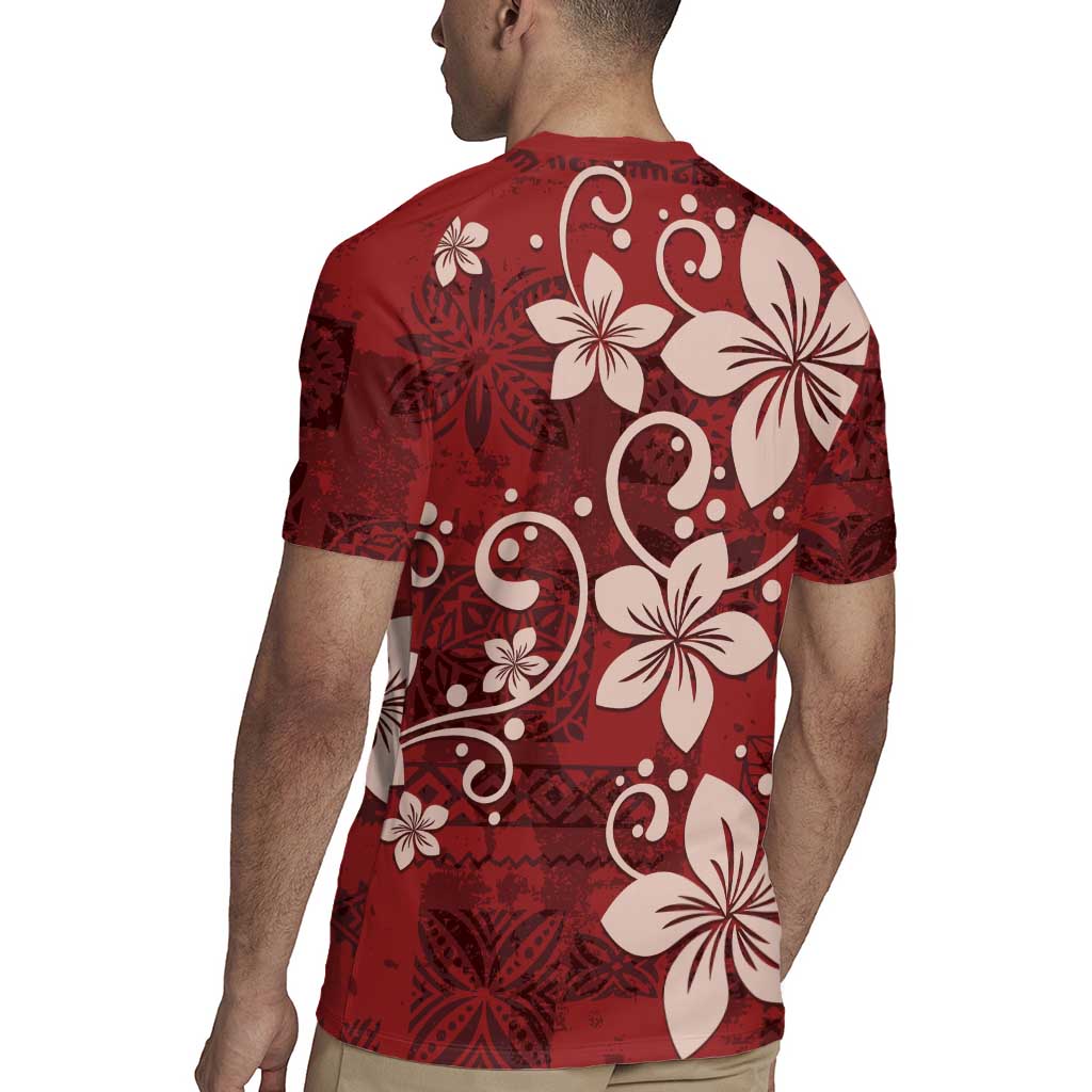 Plumeria Floral Tapa Pattern Oxblood Red Rugby Jersey