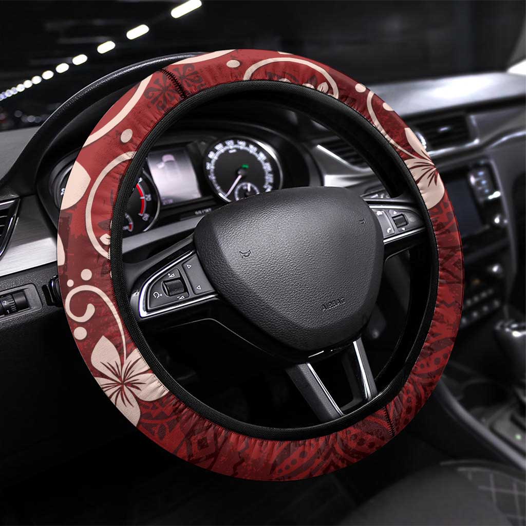 Plumeria Floral Tapa Pattern Oxblood Red Steering Wheel Cover