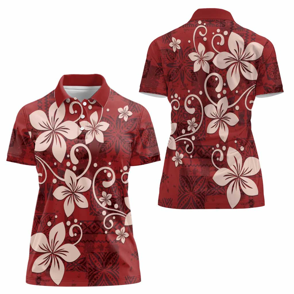 Plumeria Floral Tapa Pattern Oxblood Red Women Polo Shirt