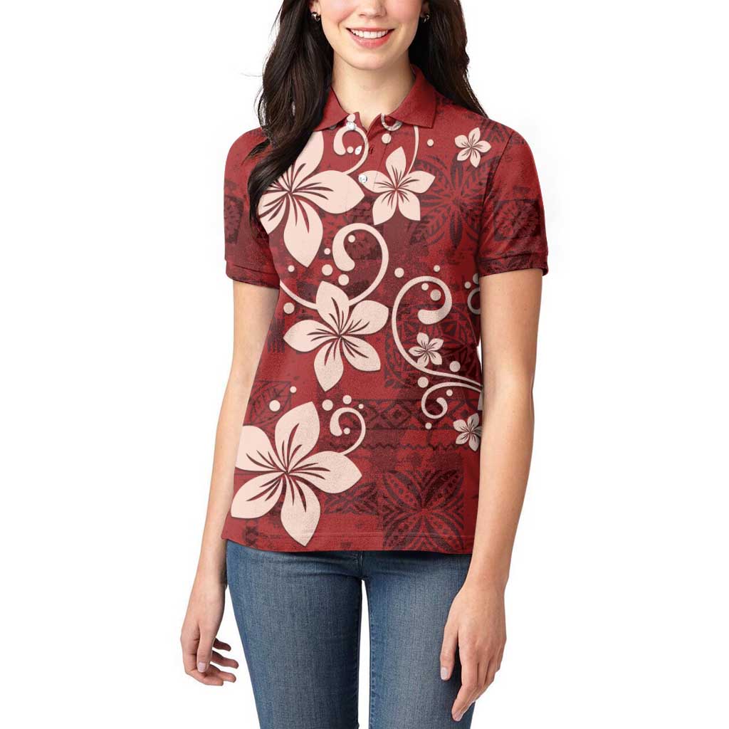 Plumeria Floral Tapa Pattern Oxblood Red Women Polo Shirt