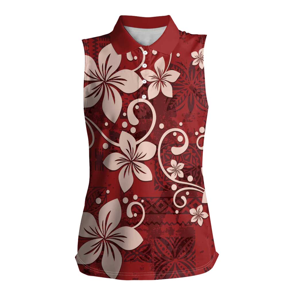 Plumeria Floral Tapa Pattern Oxblood Red Women Sleeveless Polo Shirt LT01 Female Red - Polynesian Pride