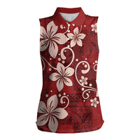 Plumeria Floral Tapa Pattern Oxblood Red Women Sleeveless Polo Shirt LT01 Female Red - Polynesian Pride