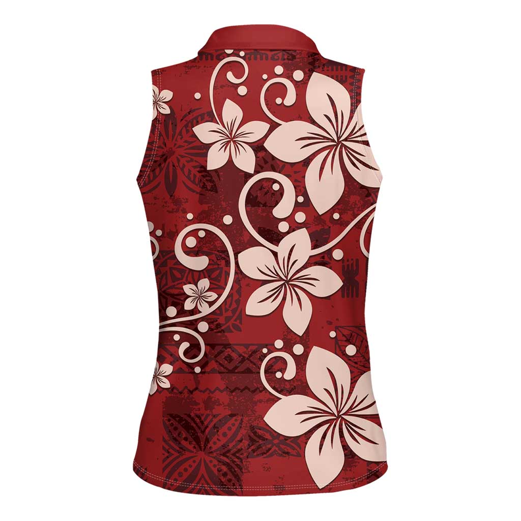 Plumeria Floral Tapa Pattern Oxblood Red Women Sleeveless Polo Shirt LT01 - Polynesian Pride
