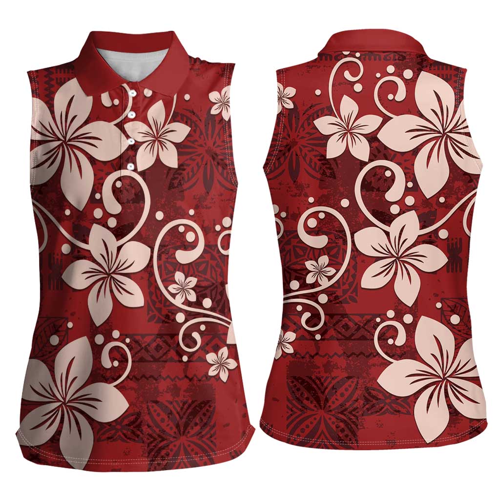 Plumeria Floral Tapa Pattern Oxblood Red Women Sleeveless Polo Shirt LT01 - Polynesian Pride