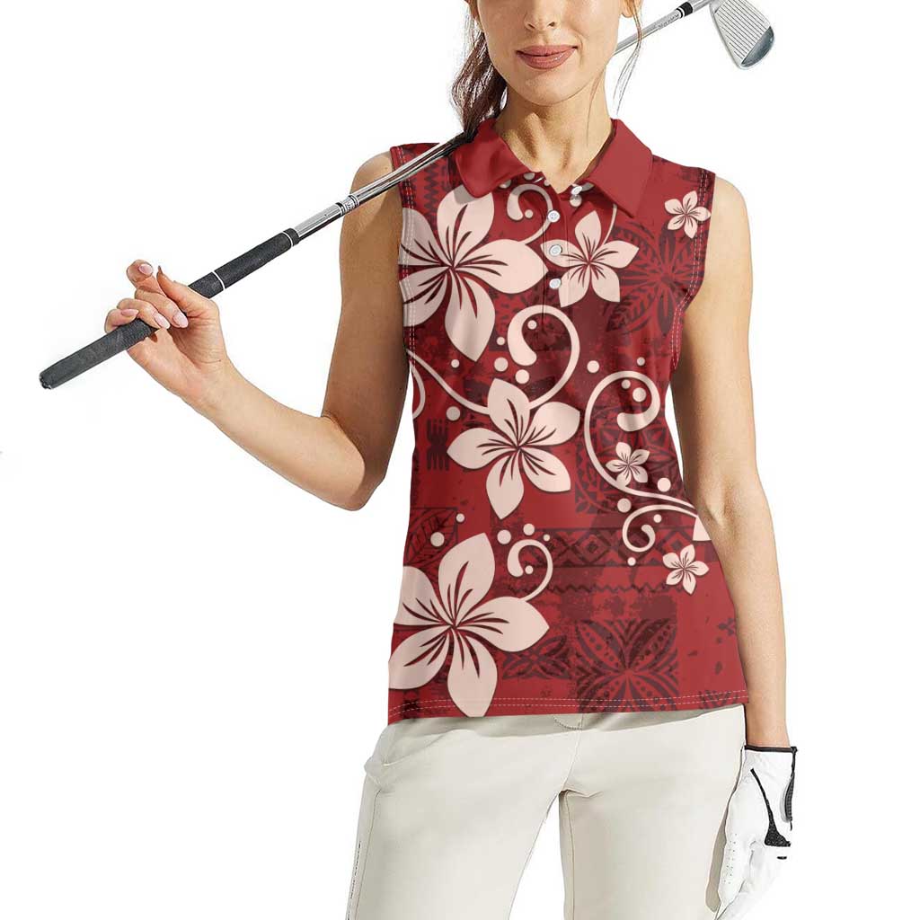 Plumeria Floral Tapa Pattern Oxblood Red Women Sleeveless Polo Shirt LT01 - Polynesian Pride