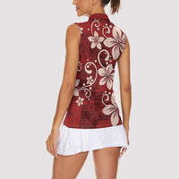 Plumeria Floral Tapa Pattern Oxblood Red Women Sleeveless Polo Shirt LT01 - Polynesian Pride
