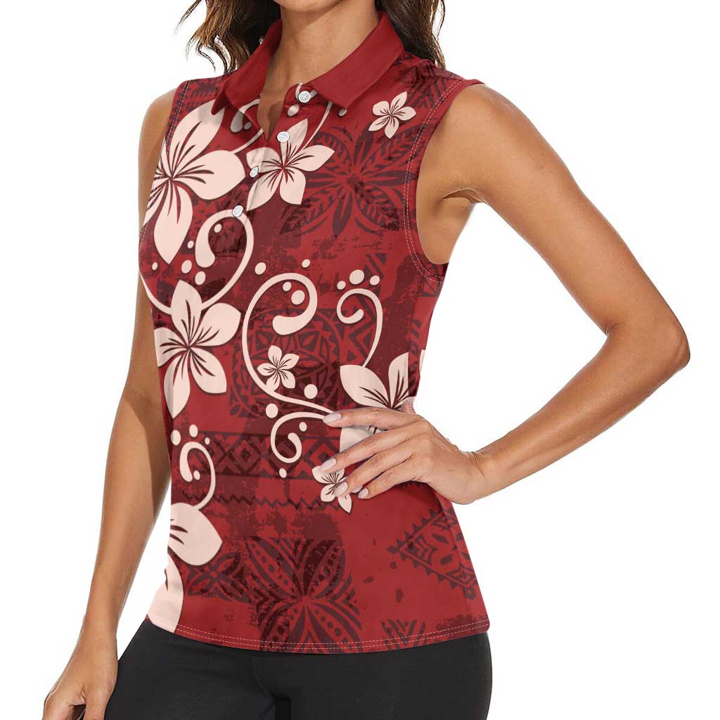 Plumeria Floral Tapa Pattern Oxblood Red Women Sleeveless Polo Shirt LT01 - Polynesian Pride