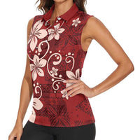 Plumeria Floral Tapa Pattern Oxblood Red Women Sleeveless Polo Shirt LT01 - Polynesian Pride