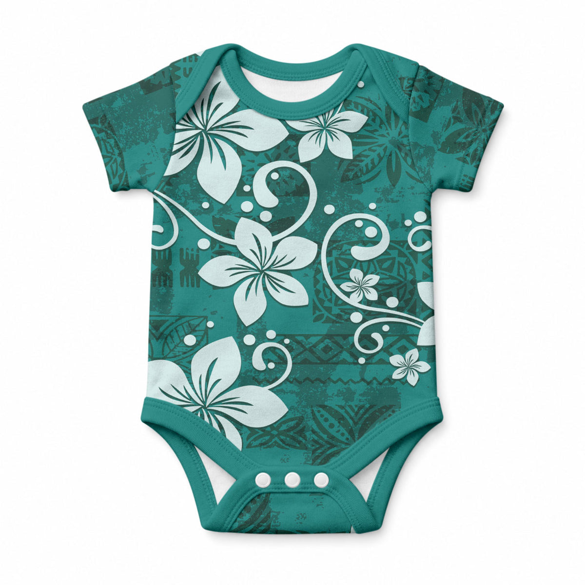 Plumeria Floral Tapa Pattern Crystal Teal Baby Onesie LT01 Teal - Polynesian Pride