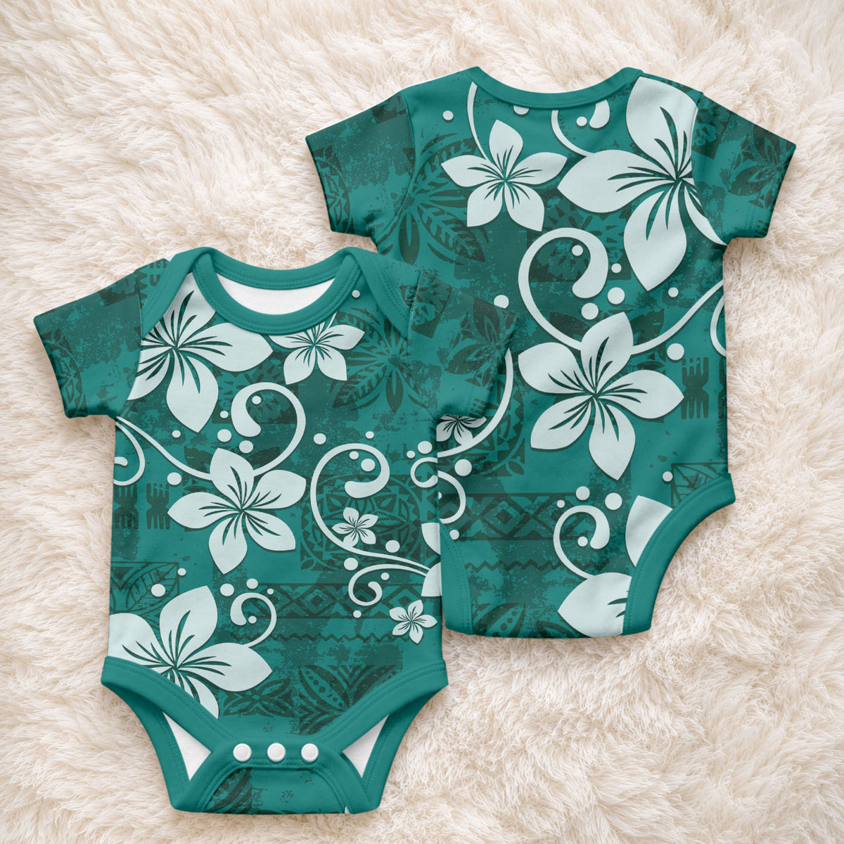 Plumeria Floral Tapa Pattern Crystal Teal Baby Onesie LT01 - Polynesian Pride