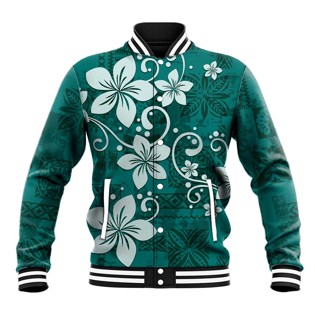 Plumeria Floral Tapa Pattern Crystal Teal Baseball Jacket