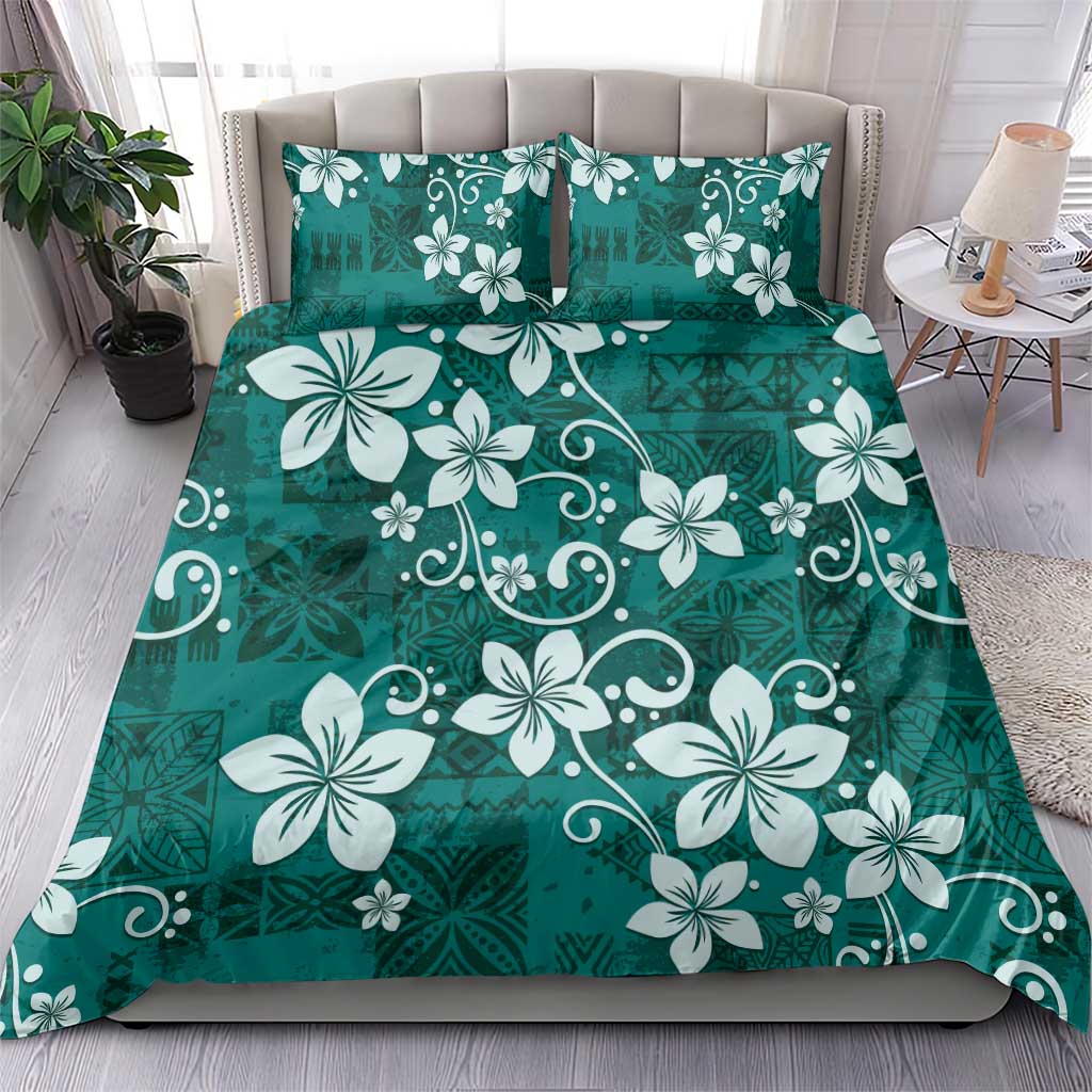 Plumeria Floral Tapa Pattern Crystal Teal Bedding Set LT01 - Polynesian Pride