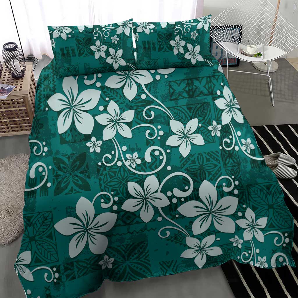 Plumeria Floral Tapa Pattern Crystal Teal Bedding Set LT01 - Polynesian Pride