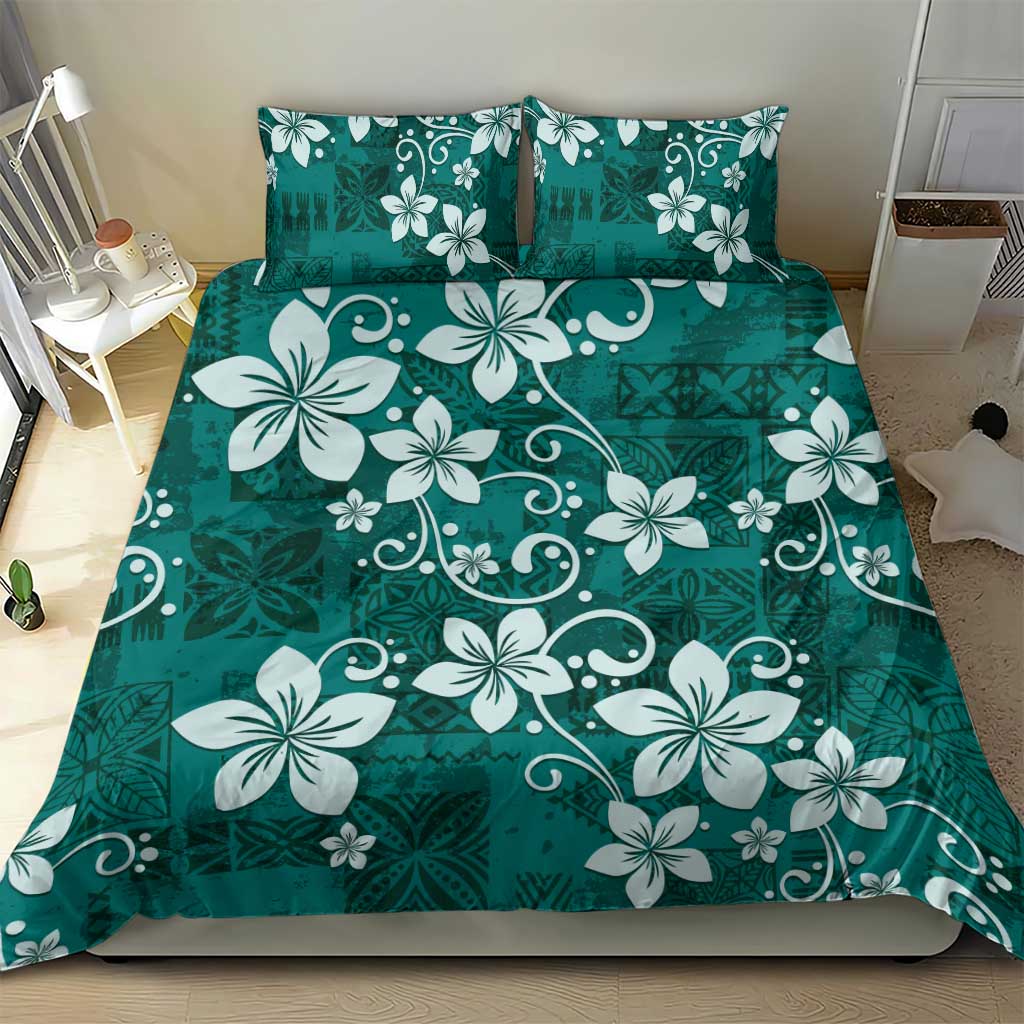 Plumeria Floral Tapa Pattern Crystal Teal Bedding Set LT01 - Polynesian Pride