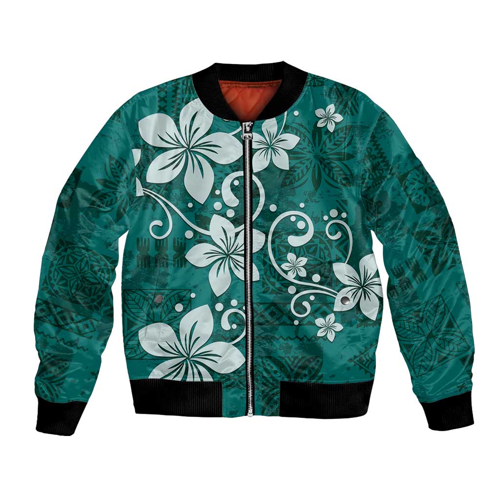 Plumeria Floral Tapa Pattern Crystal Teal Bomber Jacket