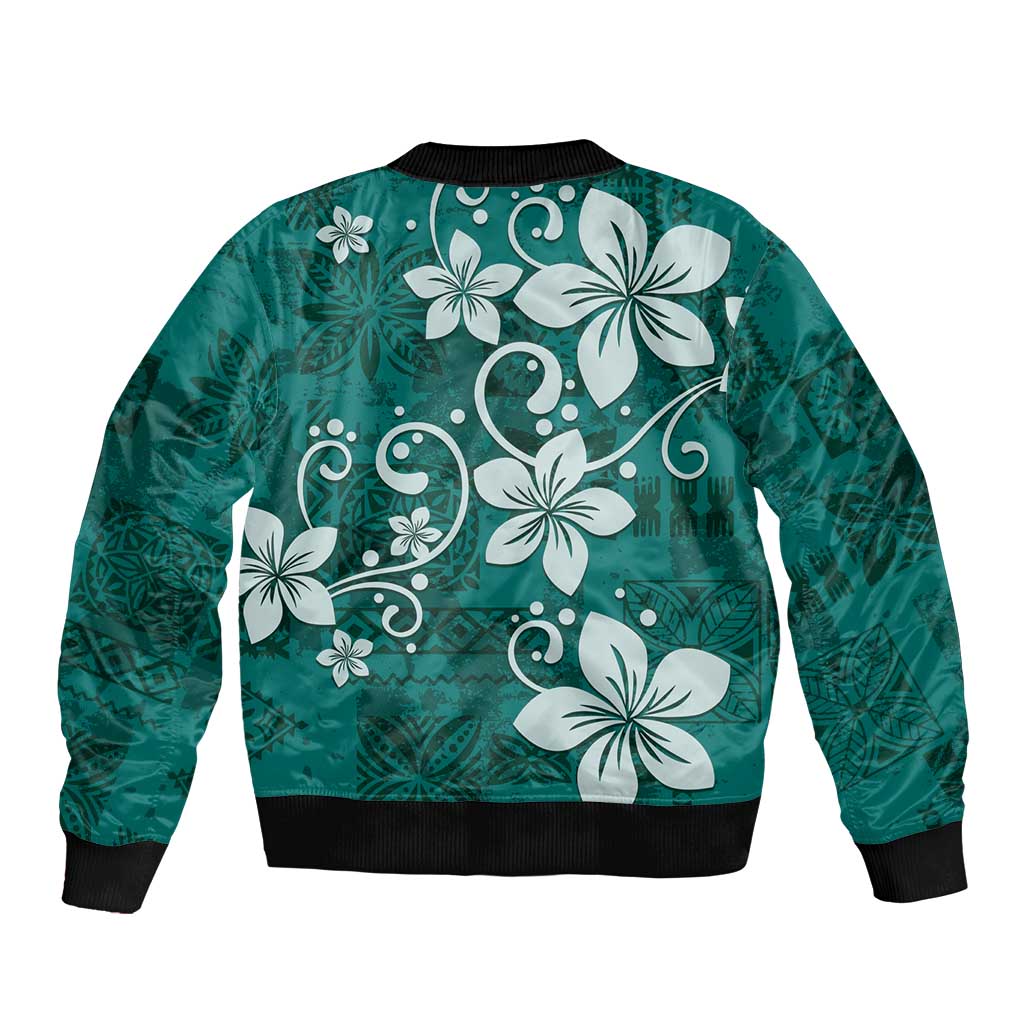 Plumeria Floral Tapa Pattern Crystal Teal Bomber Jacket LT01 - Polynesian Pride