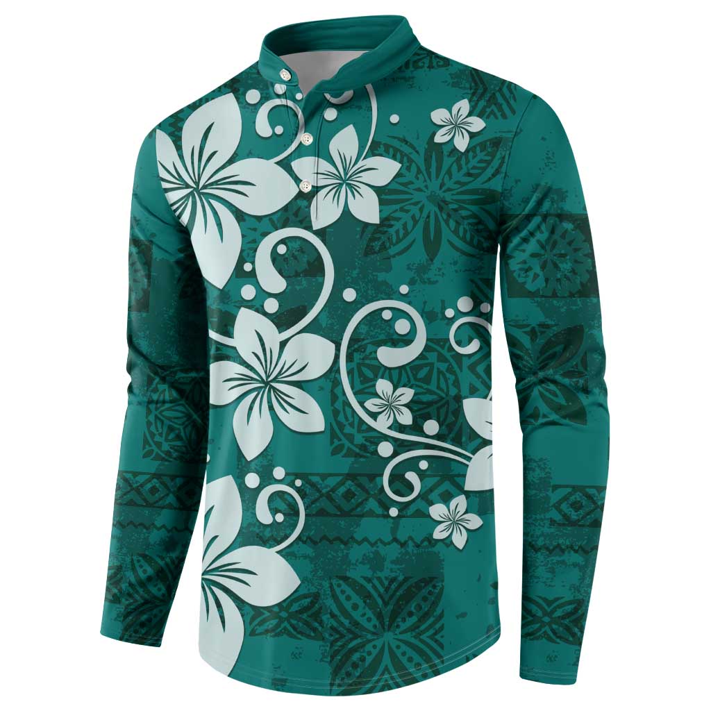 Plumeria Floral Tapa Pattern Crystal Teal Button Sweatshirt