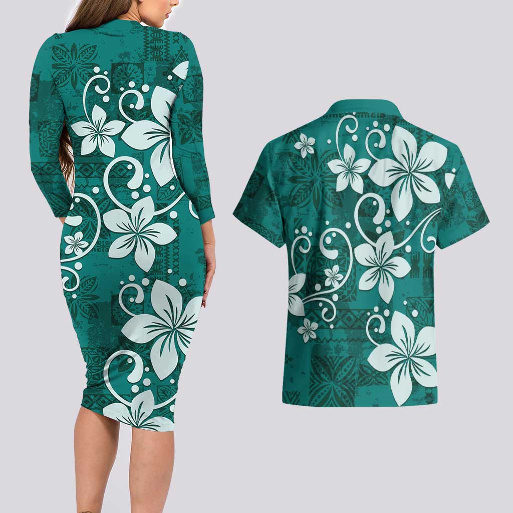 Plumeria Floral Tapa Pattern Crystal Teal Couples Matching Long Sleeve Bodycon Dress and Hawaiian Shirt