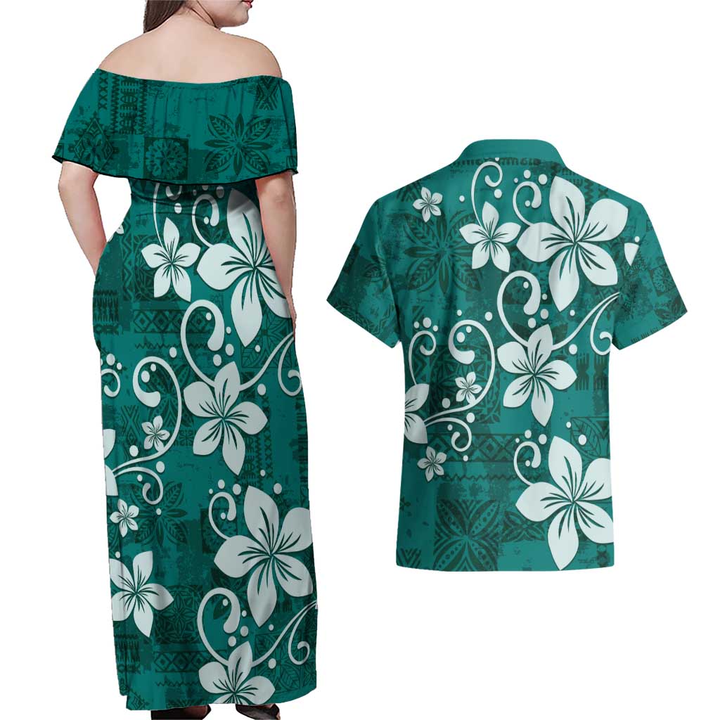 Plumeria Floral Tapa Pattern Crystal Teal Couples Matching Off Shoulder Maxi Dress and Hawaiian Shirt
