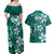 Plumeria Floral Tapa Pattern Crystal Teal Couples Matching Off Shoulder Maxi Dress and Hawaiian Shirt