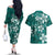 Plumeria Floral Tapa Pattern Crystal Teal Couples Matching Off The Shoulder Long Sleeve Dress and Hawaiian Shirt