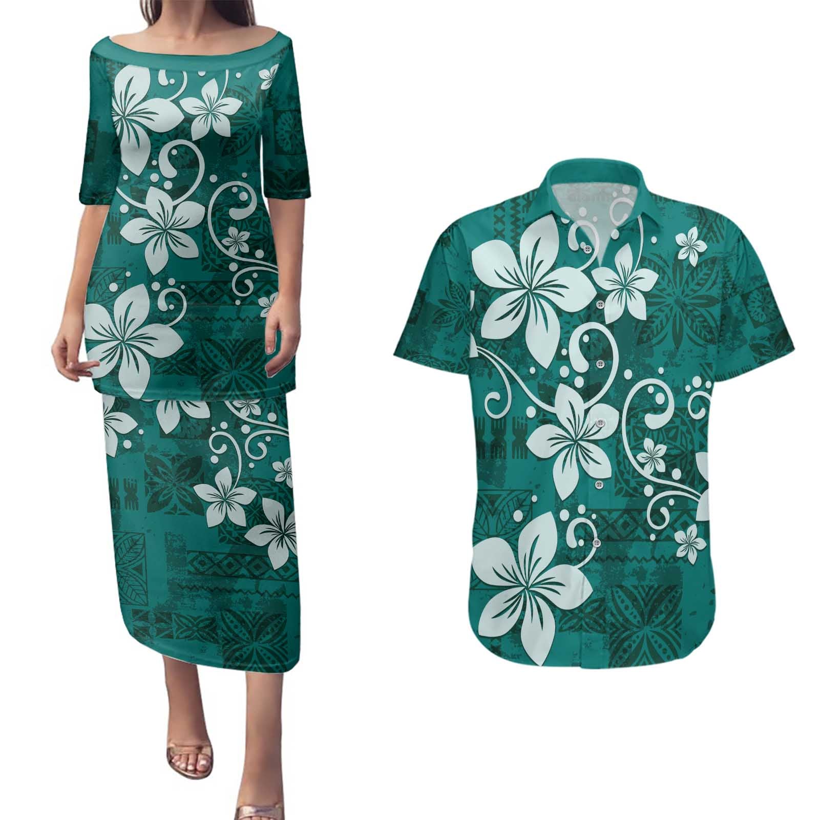 Plumeria Floral Tapa Pattern Crystal Teal Couples Matching Puletasi and Hawaiian Shirt