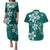Plumeria Floral Tapa Pattern Crystal Teal Couples Matching Puletasi and Hawaiian Shirt