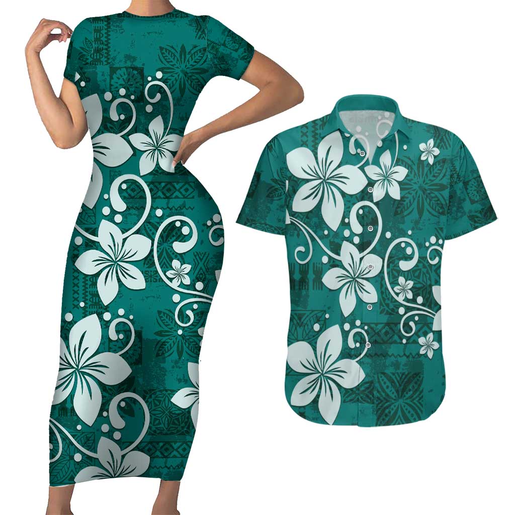 Plumeria Floral Tapa Pattern Crystal Teal Couples Matching Short Sleeve Bodycon Dress and Hawaiian Shirt