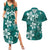 Plumeria Floral Tapa Pattern Crystal Teal Couples Matching Summer Maxi Dress and Hawaiian Shirt