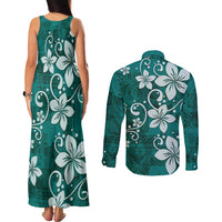 Plumeria Floral Tapa Pattern Crystal Teal Couples Matching Tank Maxi Dress and Long Sleeve Button Shirt LT01 - Polynesian Pride