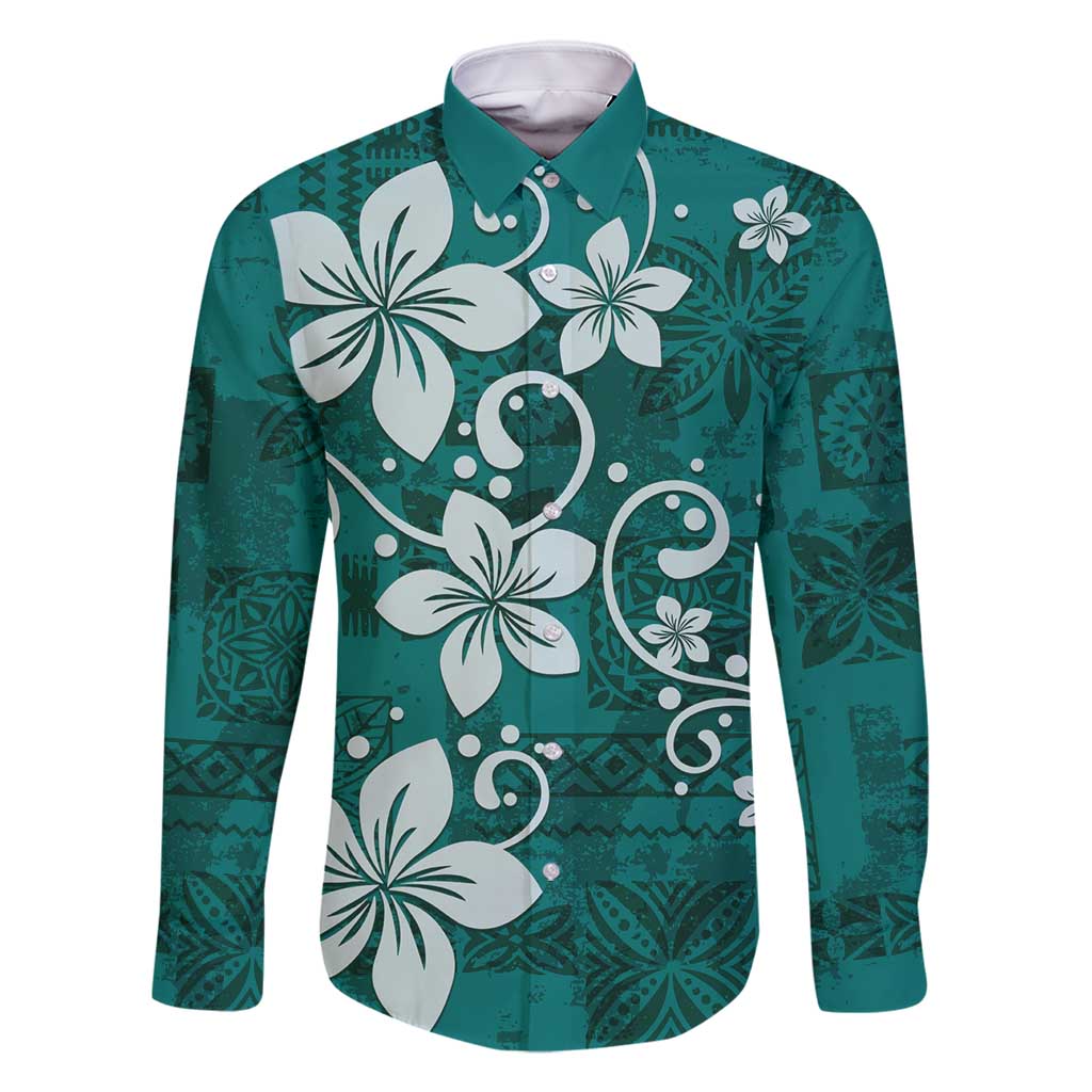 Plumeria Floral Tapa Pattern Crystal Teal Family Matching Long Sleeve Bodycon Dress and Hawaiian Shirt LT01 Dad's Shirt - Long Sleeve Teal - Polynesian Pride