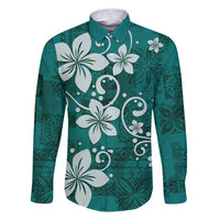 Plumeria Floral Tapa Pattern Crystal Teal Family Matching Long Sleeve Bodycon Dress and Hawaiian Shirt LT01 Dad's Shirt - Long Sleeve Teal - Polynesian Pride