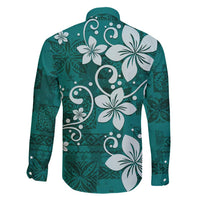 Plumeria Floral Tapa Pattern Crystal Teal Family Matching Long Sleeve Bodycon Dress and Hawaiian Shirt LT01 - Polynesian Pride