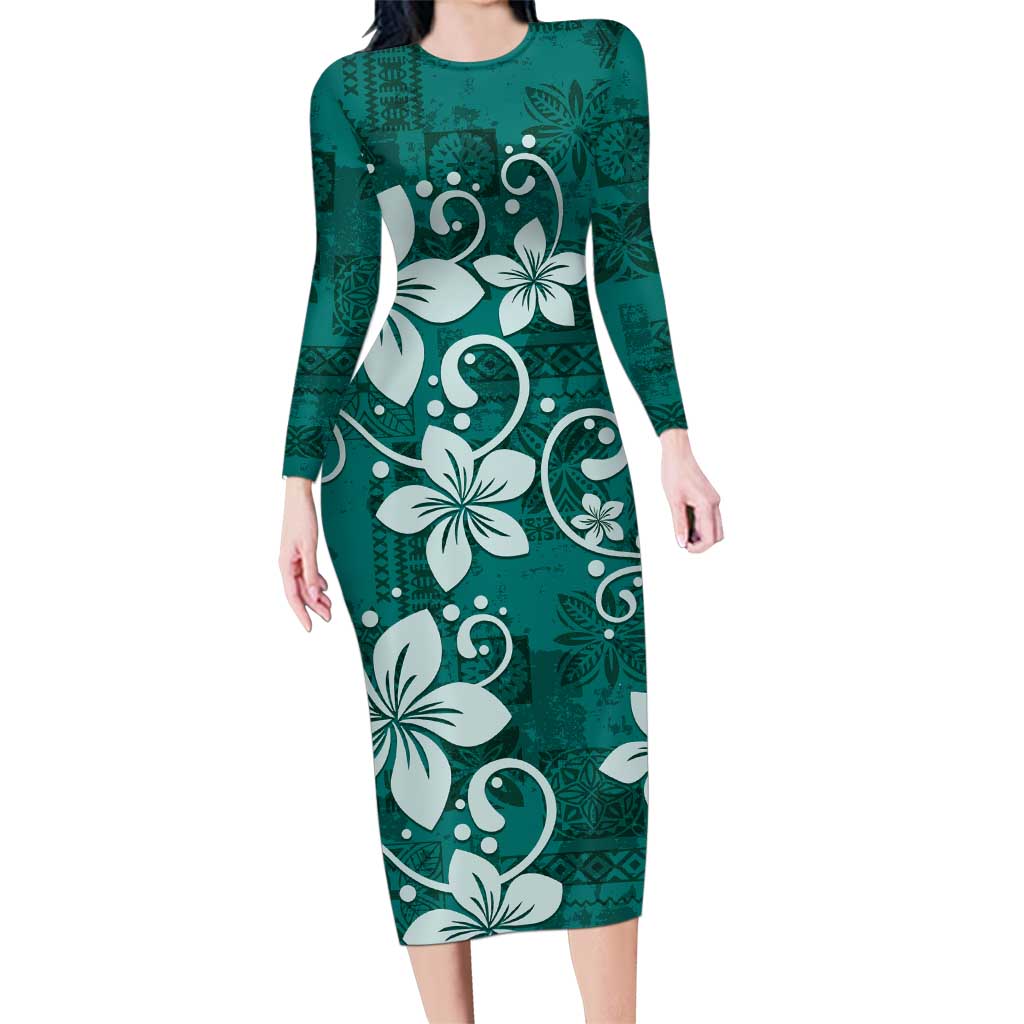 Plumeria Floral Tapa Pattern Crystal Teal Family Matching Long Sleeve Bodycon Dress and Hawaiian Shirt LT01 Mom's Dress Teal - Polynesian Pride
