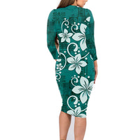 Plumeria Floral Tapa Pattern Crystal Teal Family Matching Long Sleeve Bodycon Dress and Hawaiian Shirt LT01 - Polynesian Pride