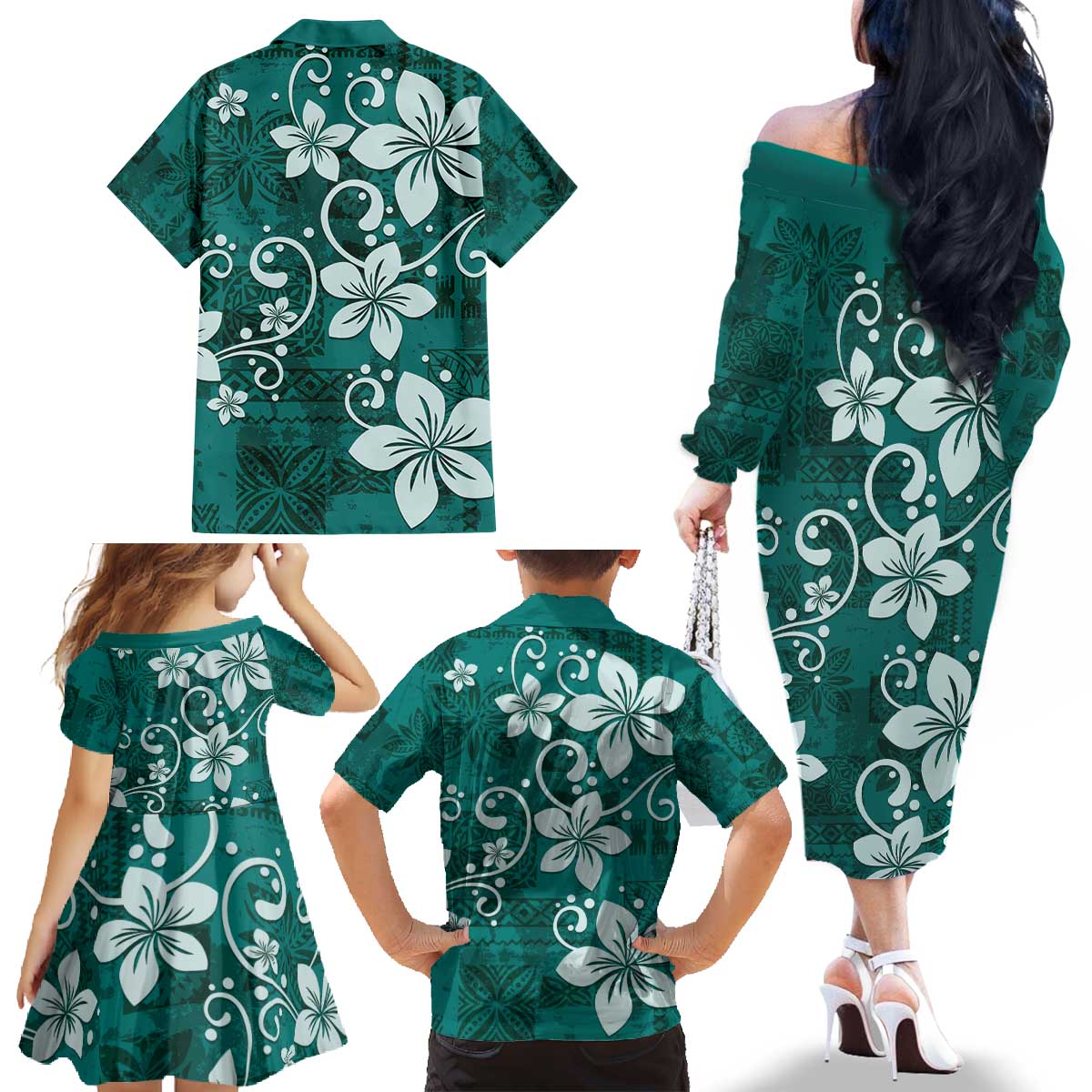 Plumeria Floral Tapa Pattern Crystal Teal Family Matching Off The Shoulder Long Sleeve Dress and Hawaiian Shirt