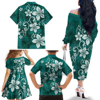 Plumeria Floral Tapa Pattern Crystal Teal Family Matching Off The Shoulder Long Sleeve Dress and Hawaiian Shirt