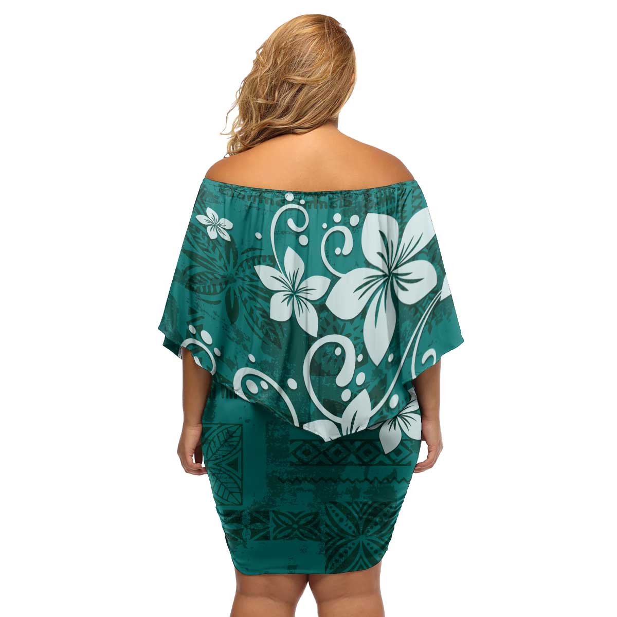 Plumeria Floral Tapa Pattern Crystal Teal Family Matching Off Shoulder Short Dress and Hawaiian Shirt