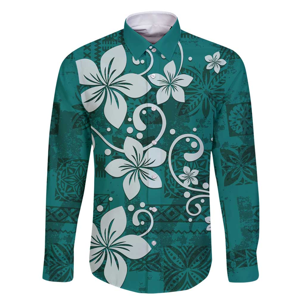 Plumeria Floral Tapa Pattern Crystal Teal Family Matching Puletasi and Hawaiian Shirt