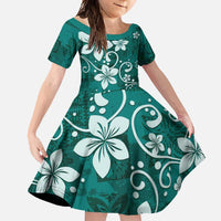 Plumeria Floral Tapa Pattern Crystal Teal Family Matching Short Sleeve Bodycon Dress and Hawaiian Shirt LT01 Daughter's Dress Teal - Polynesian Pride