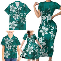 Plumeria Floral Tapa Pattern Crystal Teal Family Matching Short Sleeve Bodycon Dress and Hawaiian Shirt LT01 - Polynesian Pride