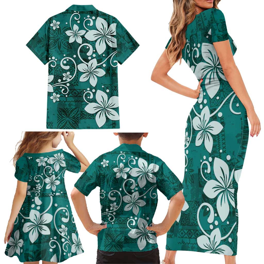 Plumeria Floral Tapa Pattern Crystal Teal Family Matching Short Sleeve Bodycon Dress and Hawaiian Shirt LT01 - Polynesian Pride