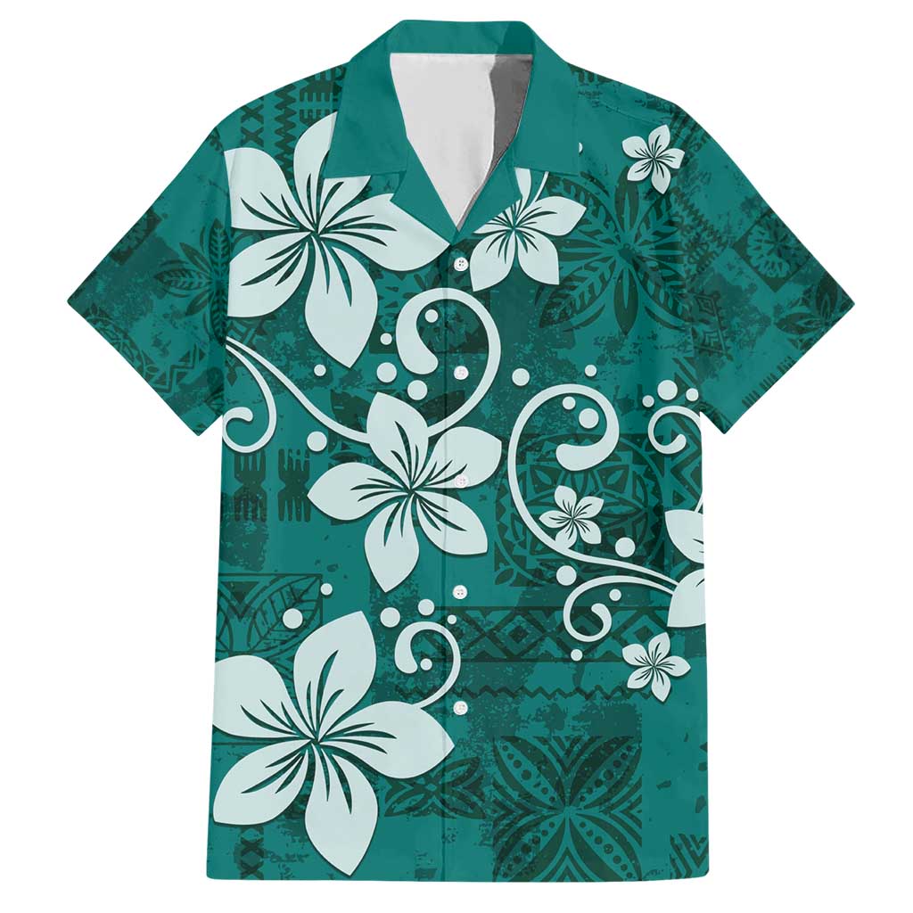 Plumeria Floral Tapa Pattern Crystal Teal Family Matching Short Sleeve Bodycon Dress and Hawaiian Shirt LT01 Dad's Shirt - Short Sleeve Teal - Polynesian Pride