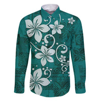 Plumeria Floral Tapa Pattern Crystal Teal Family Matching Short Sleeve Bodycon Dress and Hawaiian Shirt LT01 Dad's Shirt - Long Sleeve Teal - Polynesian Pride