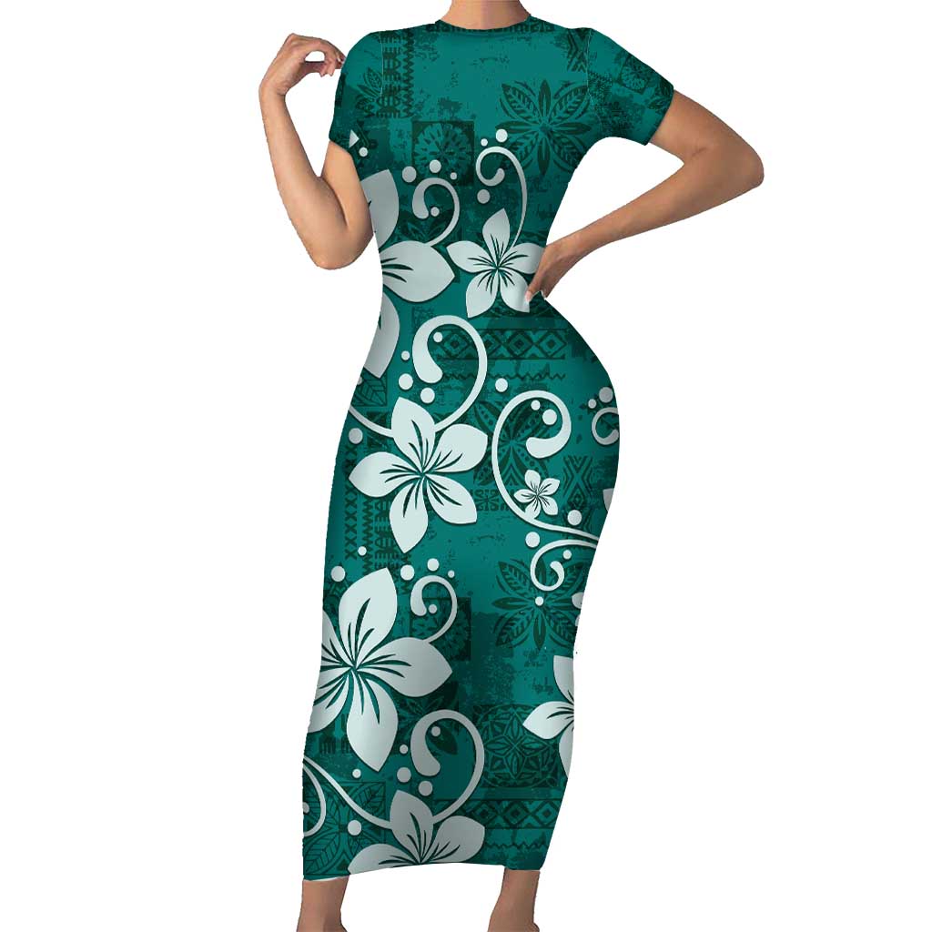 Plumeria Floral Tapa Pattern Crystal Teal Family Matching Short Sleeve Bodycon Dress and Hawaiian Shirt LT01 Mom's Dress Teal - Polynesian Pride