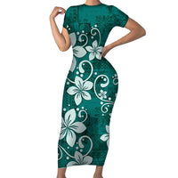 Plumeria Floral Tapa Pattern Crystal Teal Family Matching Short Sleeve Bodycon Dress and Hawaiian Shirt LT01 Mom's Dress Teal - Polynesian Pride