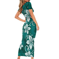 Plumeria Floral Tapa Pattern Crystal Teal Family Matching Short Sleeve Bodycon Dress and Hawaiian Shirt LT01 - Polynesian Pride