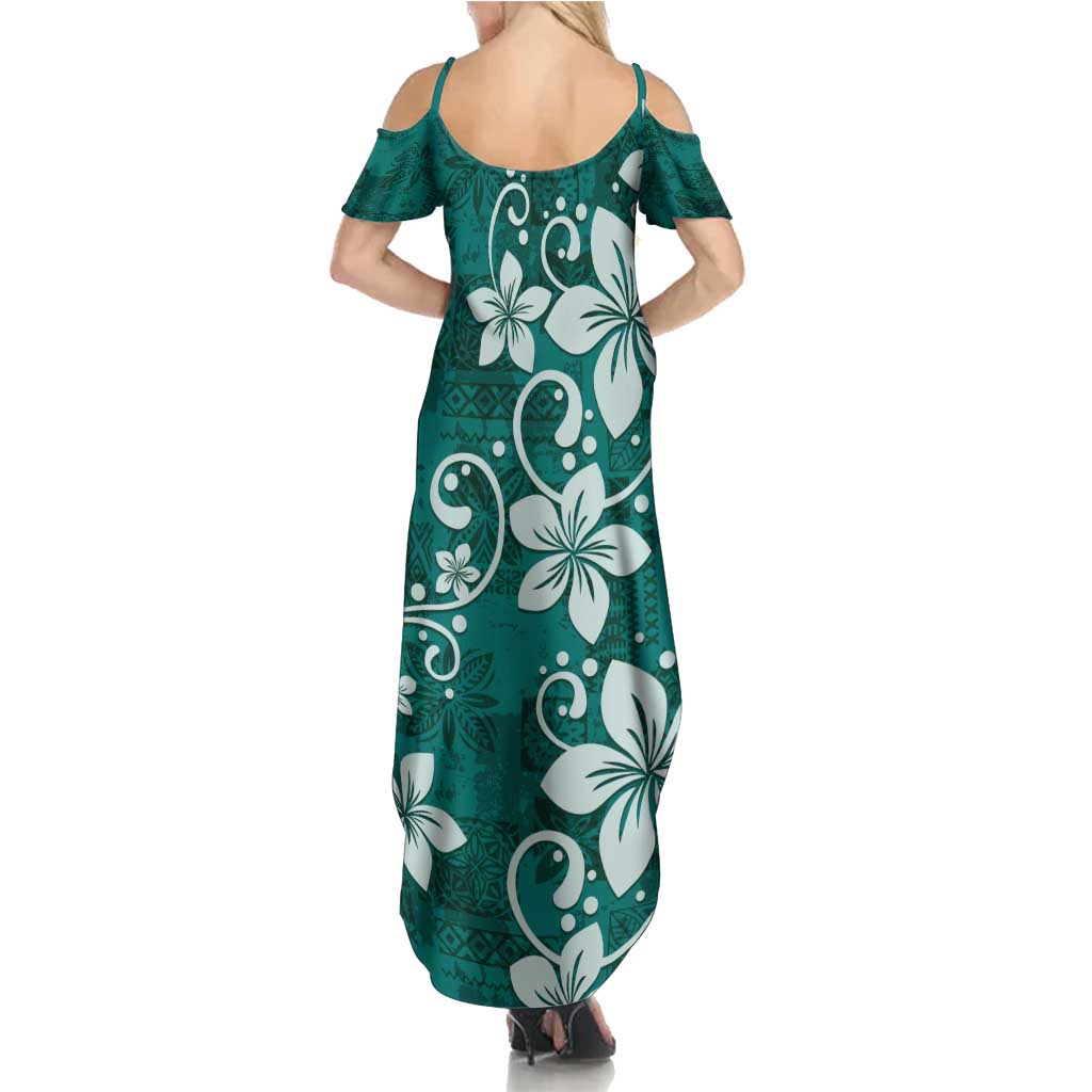 Plumeria Floral Tapa Pattern Crystal Teal Family Matching Summer Maxi Dress and Hawaiian Shirt