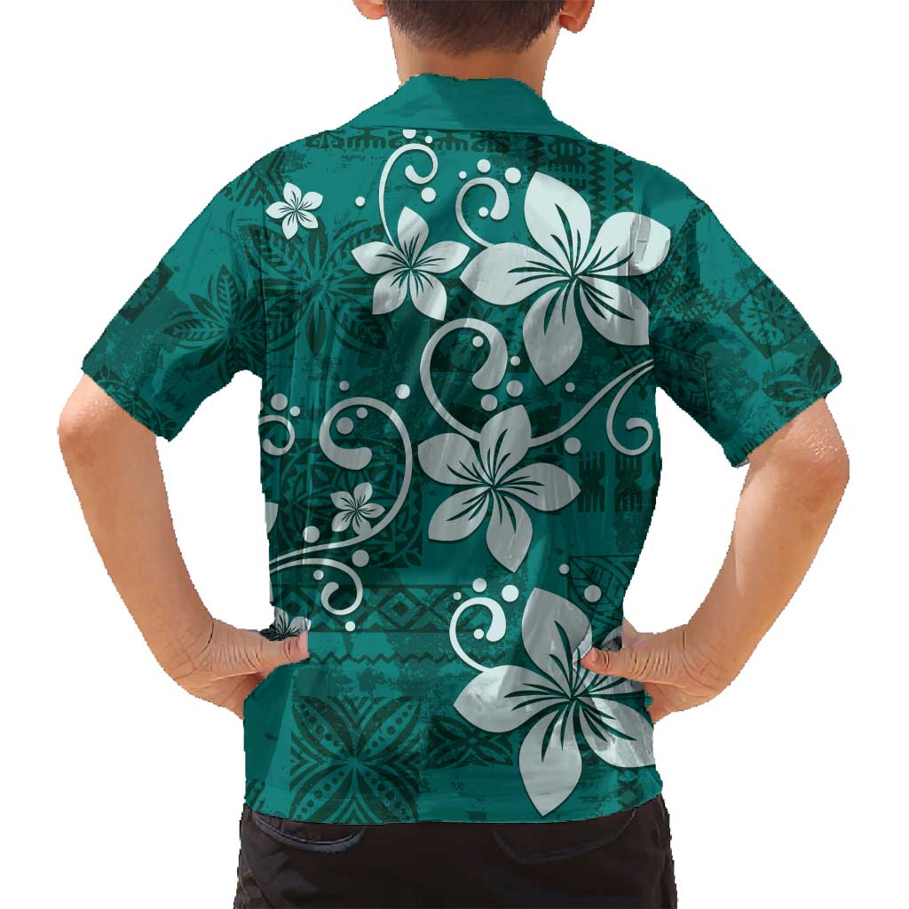 Plumeria Floral Tapa Pattern Crystal Teal Family Matching Tank Maxi Dress and Hawaiian Shirt LT01 - Polynesian Pride